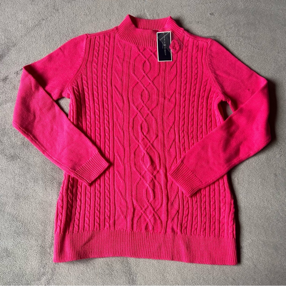 $47 Karen Scott Cable-Knit Mock-Neck Sweater Magenta Size Petit-Pet New withtags